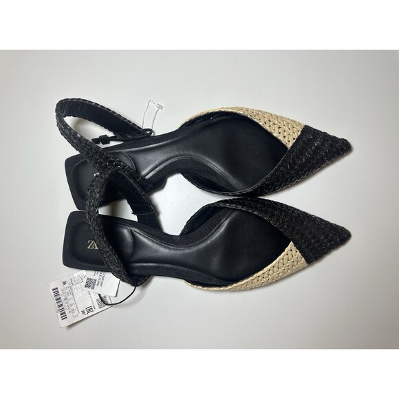 ZARA Woven Rafia Pointed Toe Black Tan Slingback Flat Sandal Women US 7.5 NEW - Picture 6 of 12